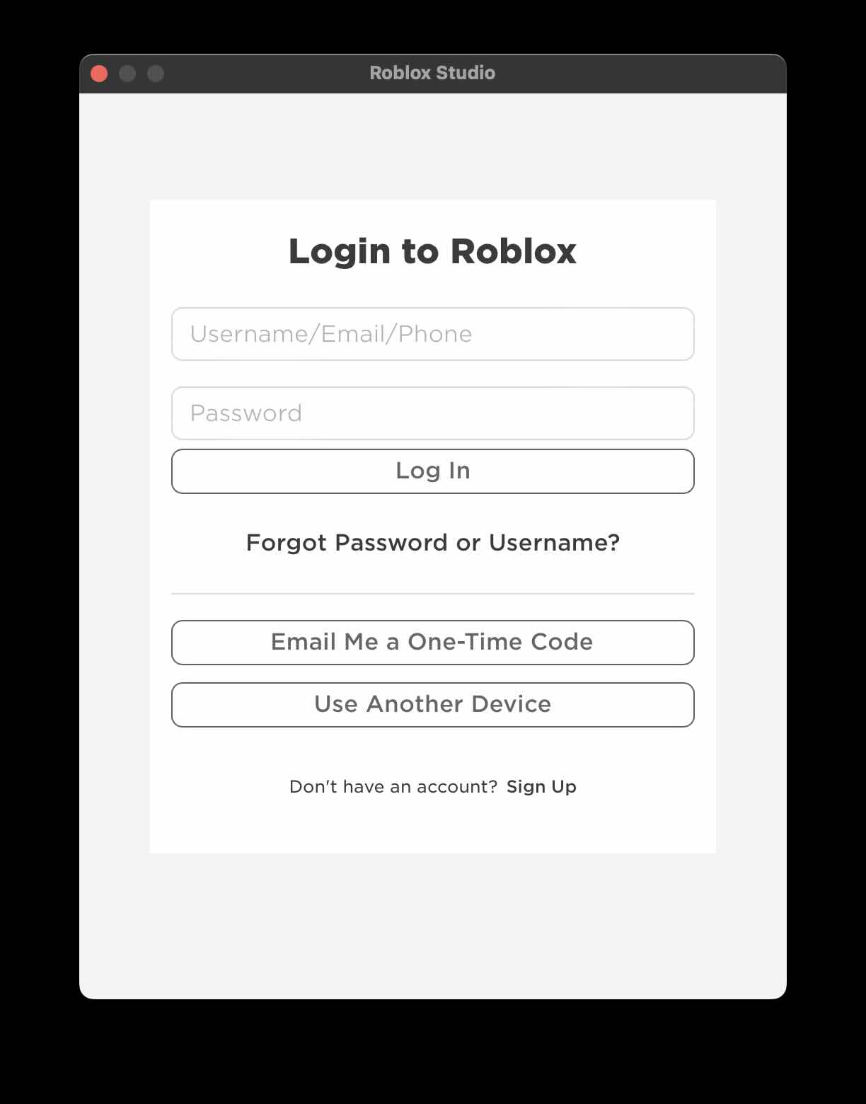 Roblox Studio Sign in - Sign Up Screen on Mac